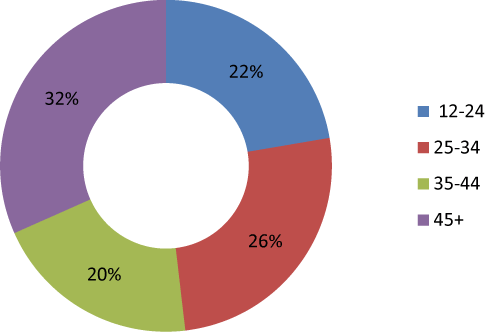 Рисунок 2. Распределение аудитории Рунета по возрастным категориям, %, TNS Web Index, июль 2016